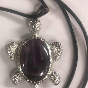 Gorgeous purple chevron amethyst turtle pendant comes with black wax cord chain